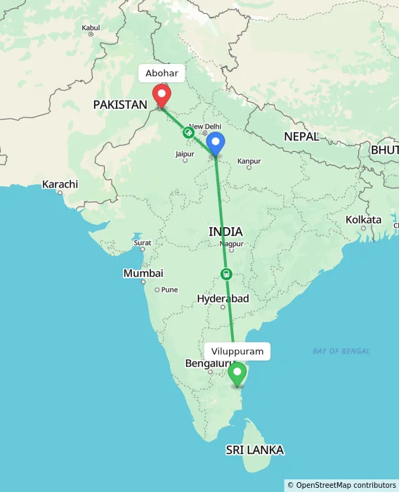 Route map showing distance and travel time from Viluppuram, India to Abohar, India