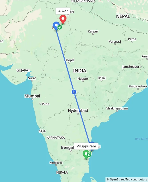 Route map showing distance and travel time from Viluppuram, India to Alwar, India