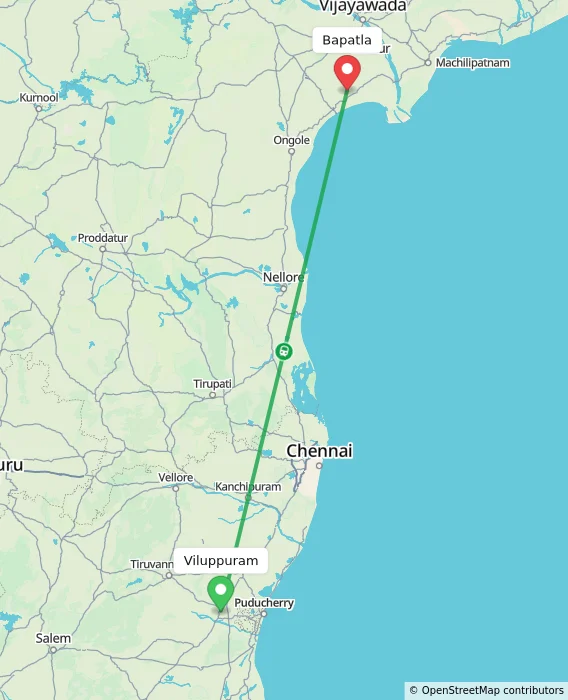 Route map showing distance and travel time from Viluppuram, India to Bapatla, India