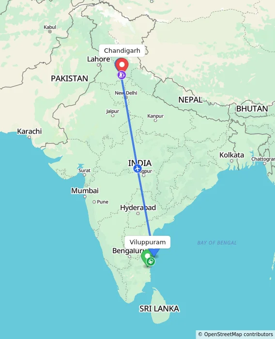 Route map showing distance and travel time from Viluppuram, India to Chandigarh, India