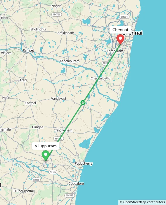 Route map showing distance and travel time from Viluppuram, India to Chennai, India
