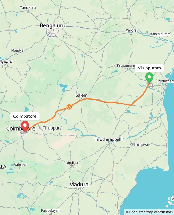 Route map showing distance and travel time from Viluppuram, India to Coimbatore, India
