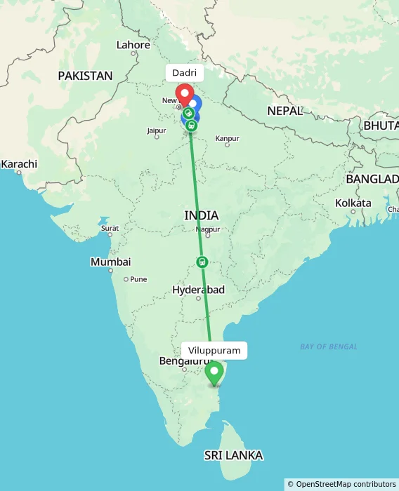 Route map showing distance and travel time from Viluppuram, India to Dadri, India