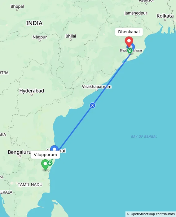 Route map showing distance and travel time from Viluppuram, India to Dhenkanal, India