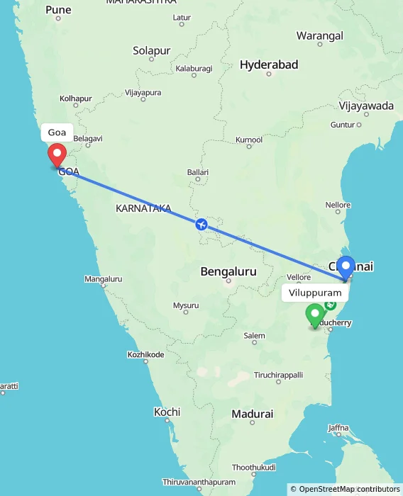 Route map showing distance and travel time from Viluppuram, India to Goa, India