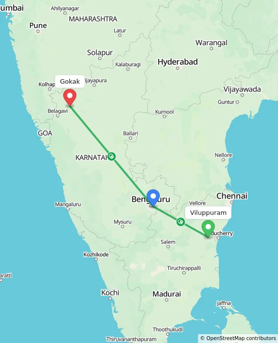 Route map showing distance and travel time from Viluppuram, India to Gokak, India