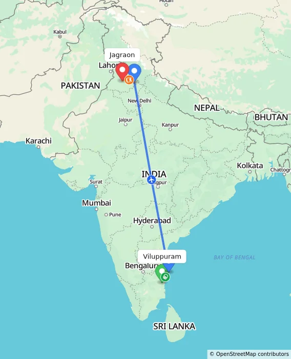 Route map showing distance and travel time from Viluppuram, India to Jagraon, India
