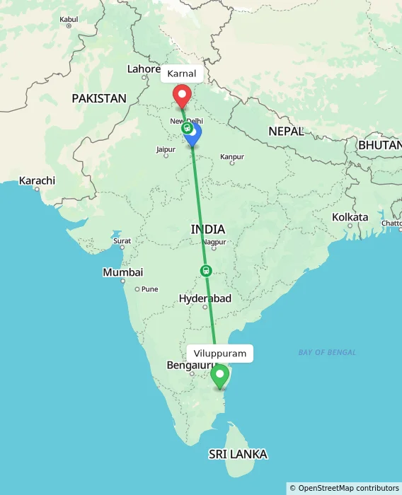 Route map showing distance and travel time from Viluppuram, India to Karnal, India