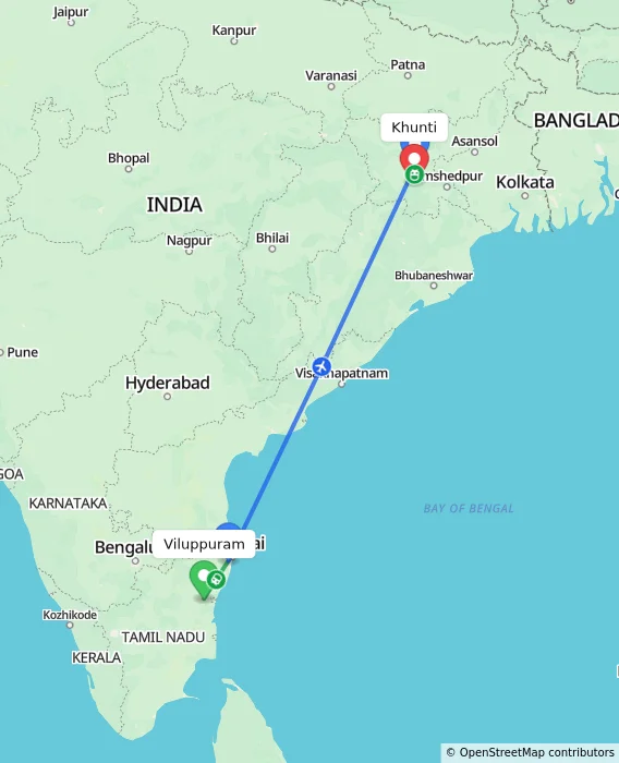 Route map showing distance and travel time from Viluppuram, India to Khunti, India