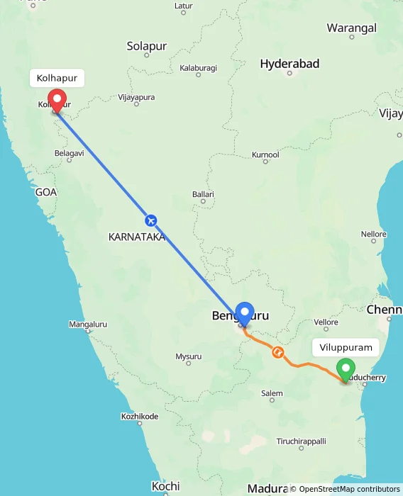 Route map showing distance and travel time from Viluppuram, India to Kolhapur, India
