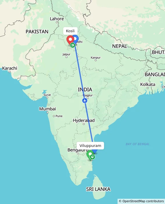 Route map showing distance and travel time from Viluppuram, India to Kosli, India