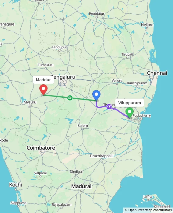 Route map showing distance and travel time from Viluppuram, India to Maddur, India