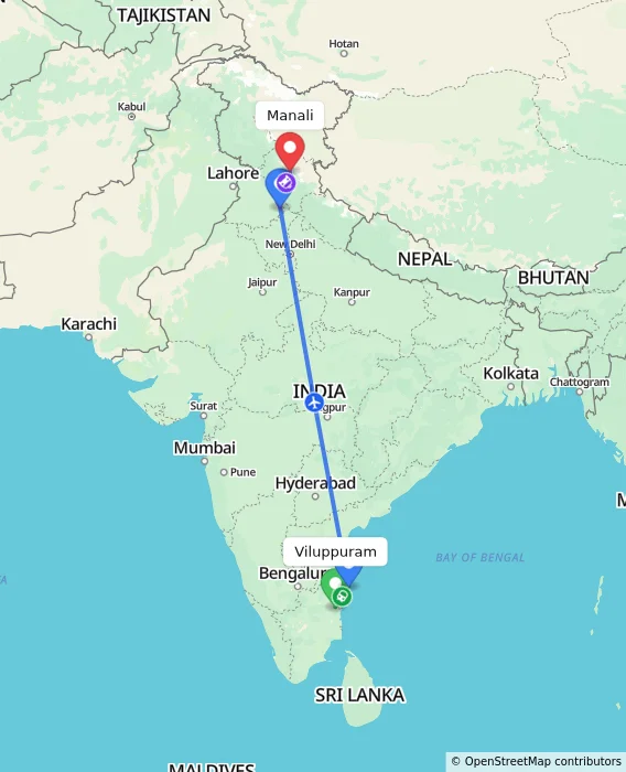 Route map showing distance and travel time from Viluppuram, India to Manali, India