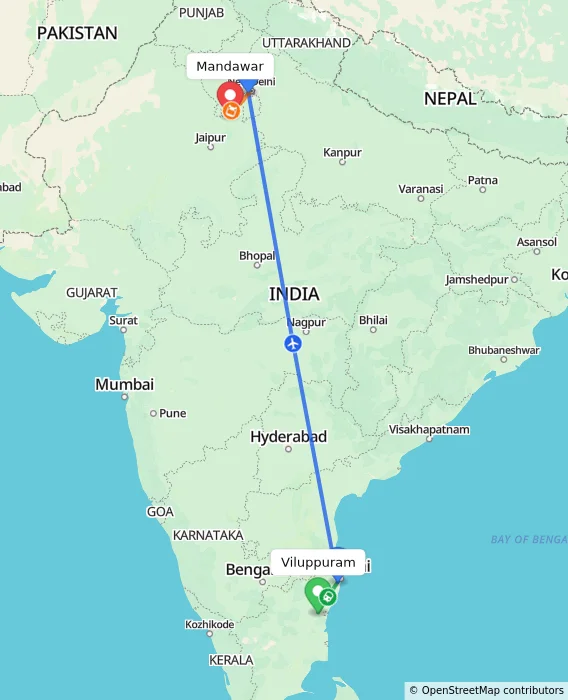 Route map showing distance and travel time from Viluppuram, India to Mandawar, India