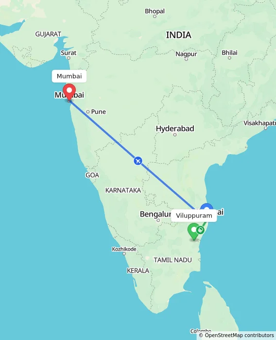 Route map showing distance and travel time from Viluppuram, India to Mumbai, India