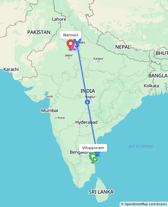 Route map showing distance and travel time from Viluppuram, India to Narnaul, India