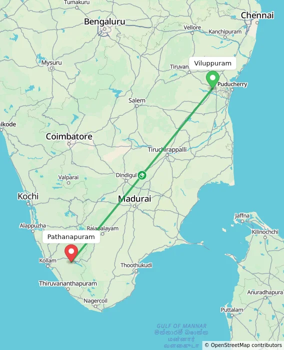 Route map showing distance and travel time from Viluppuram, India to Pathanapuram, India