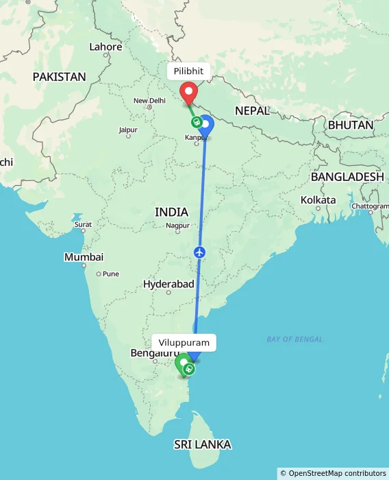 Route map showing distance and travel time from Viluppuram, India to Pilibhit, India