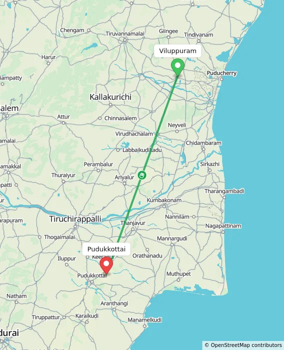 Route map showing distance and travel time from Viluppuram, India to Pudukkottai, India