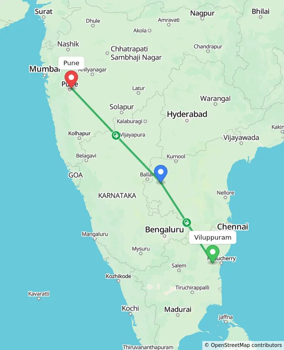Route map showing distance and travel time from Viluppuram, India to Pune, India