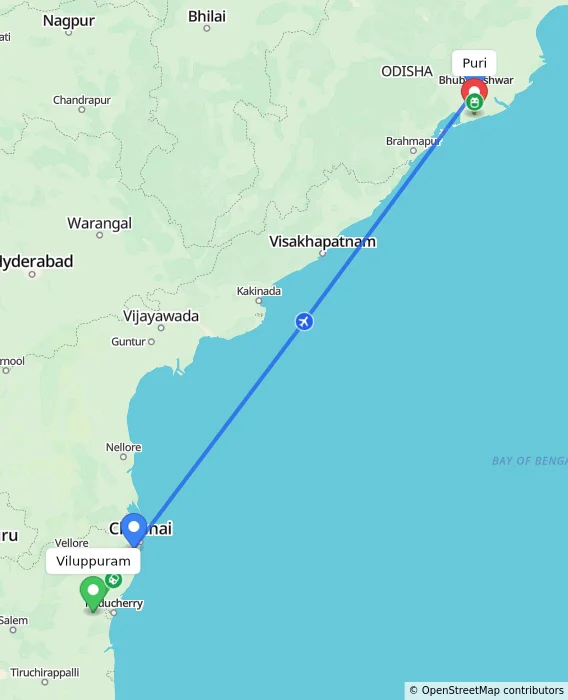 Route map showing distance and travel time from Viluppuram, India to Puri, India