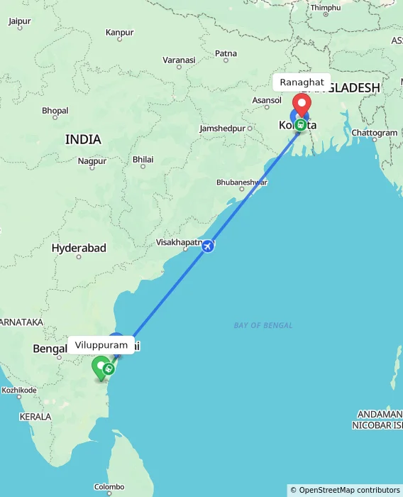Route map showing distance and travel time from Viluppuram, India to Ranaghat, India