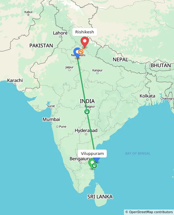 Route map showing distance and travel time from Viluppuram, India to Rishikesh, India