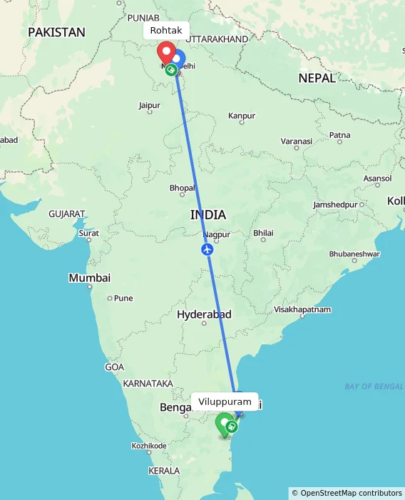 Route map showing distance and travel time from Viluppuram, India to Rohtak, India
