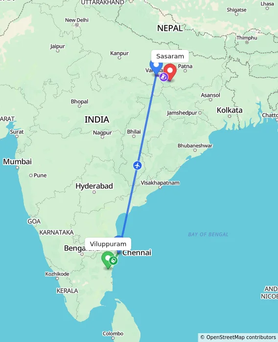 Route map showing distance and travel time from Viluppuram, India to Sasaram, India