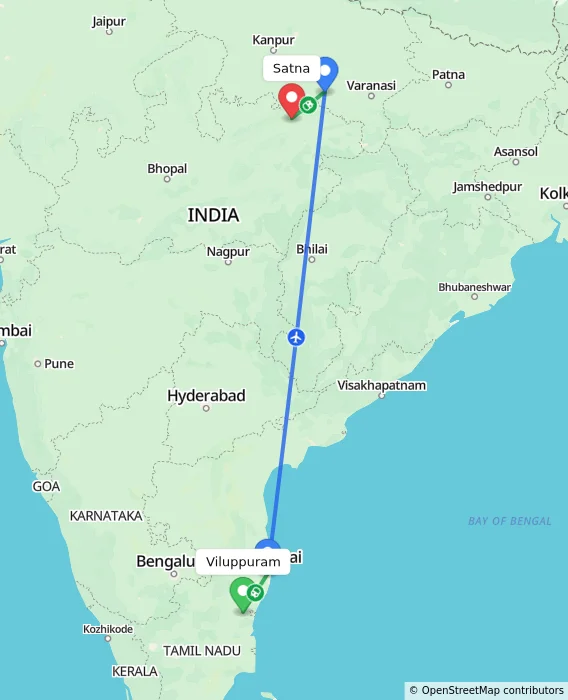 Route map showing distance and travel time from Viluppuram, India to Satna, India