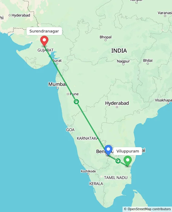 Route map showing distance and travel time from Viluppuram, India to Surendranagar, India