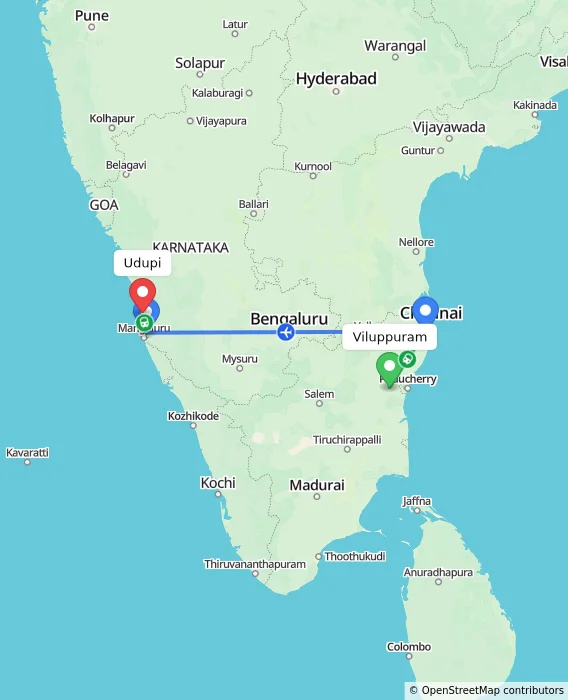 Route map showing distance and travel time from Viluppuram, India to Udupi, India