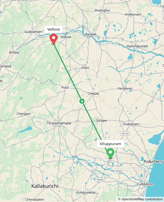 Route map showing distance and travel time from Viluppuram, India to Vellore, India