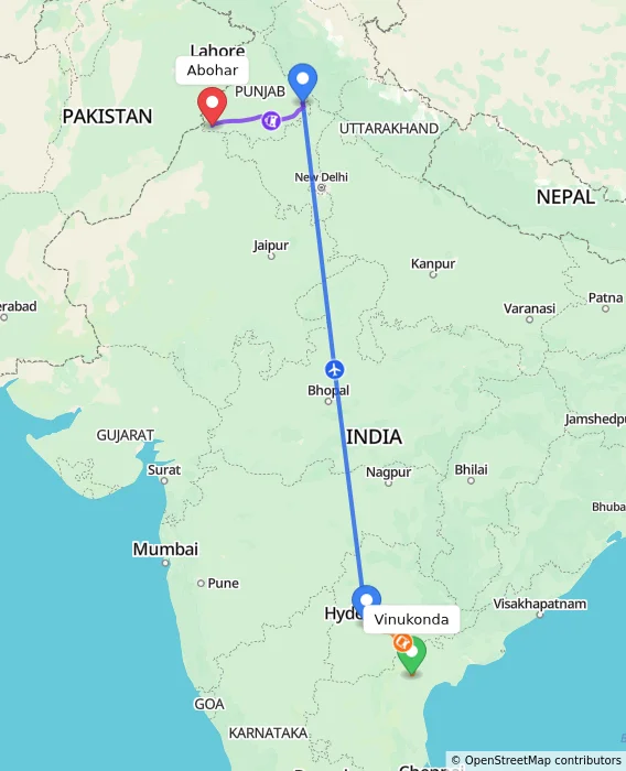 Route map showing distance and travel time from Vinukonda, India to Abohar, India