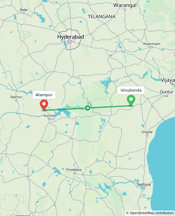 Route map showing distance and travel time from Vinukonda, India to Alampur, India