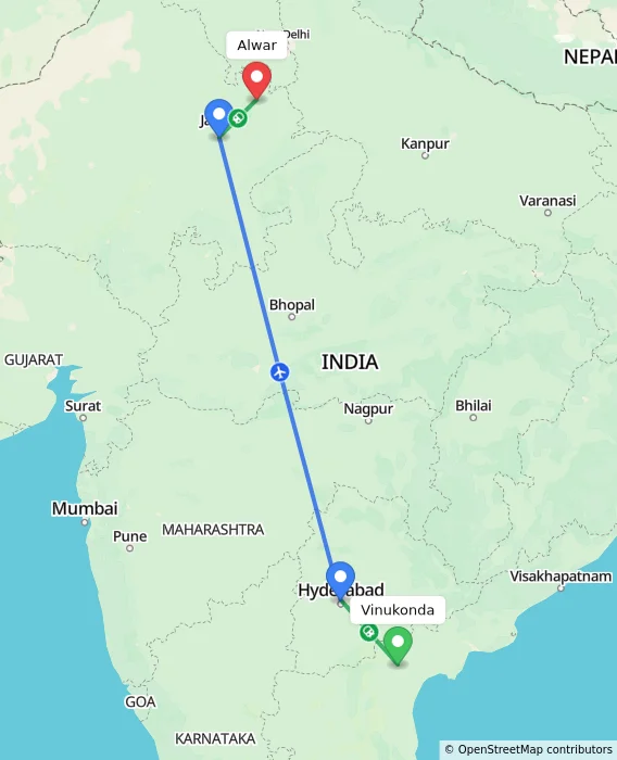 Route map showing distance and travel time from Vinukonda, India to Alwar, India
