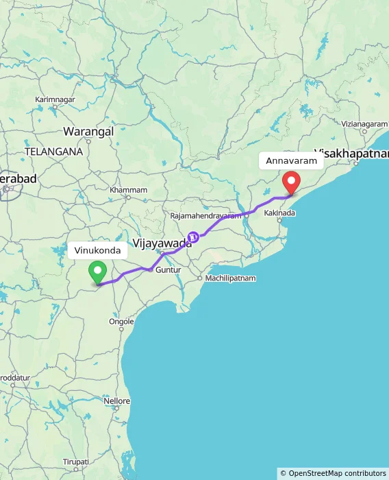 Route map showing distance and travel time from Vinukonda, India to Annavaram, India