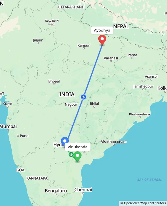 Route map showing distance and travel time from Vinukonda, India to Ayodhya, India