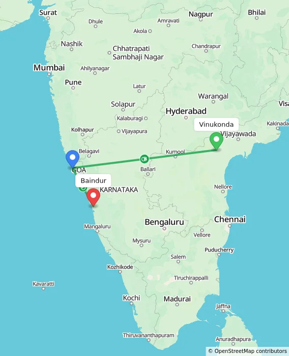 Route map showing distance and travel time from Vinukonda, India to Baindur, India