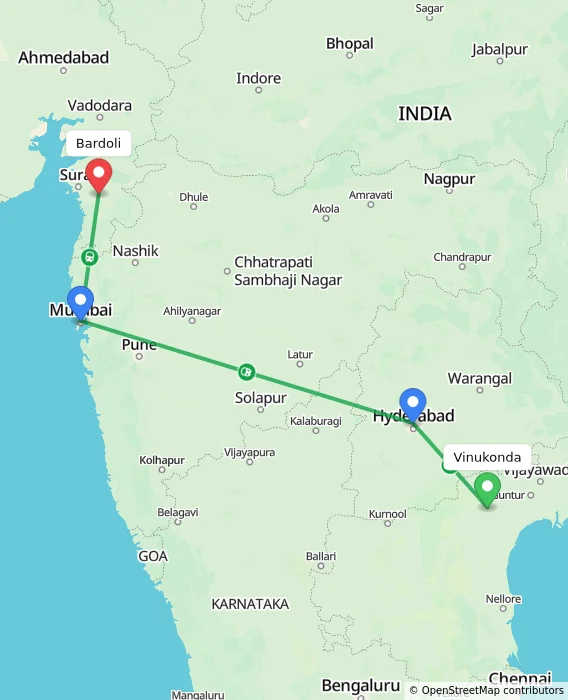 Route map showing distance and travel time from Vinukonda, India to Bardoli, India