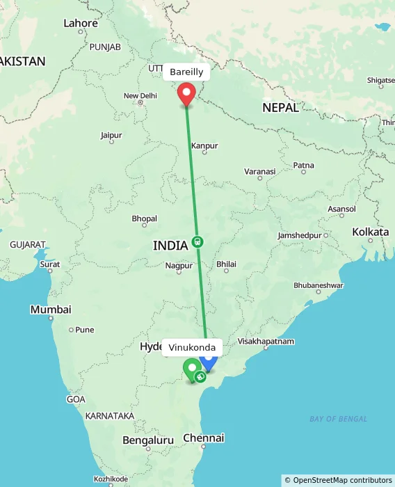 Route map showing distance and travel time from Vinukonda, India to Bareilly, India