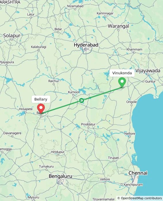 Route map showing distance and travel time from Vinukonda, India to Bellary, India