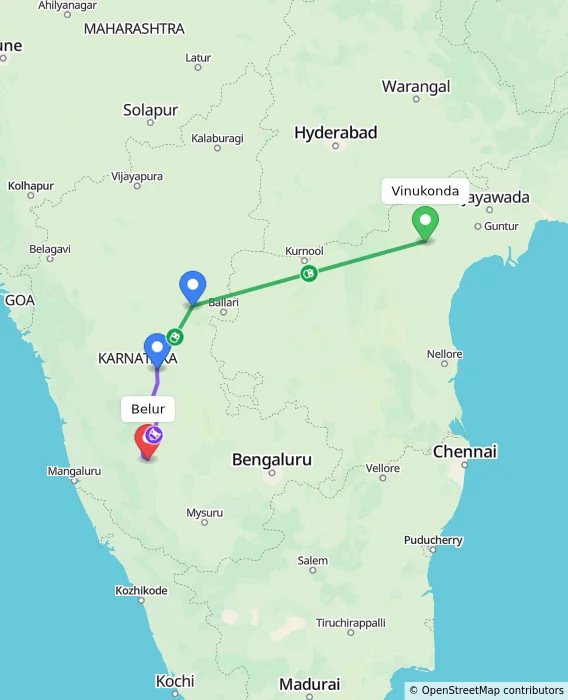 Route map showing distance and travel time from Vinukonda, India to Belur, India