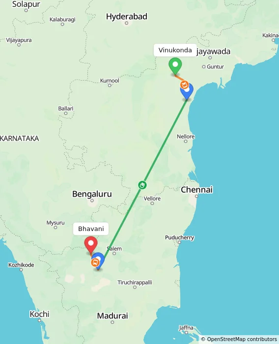 Route map showing distance and travel time from Vinukonda, India to Bhavani, India
