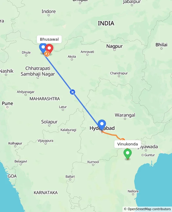 Route map showing distance and travel time from Vinukonda, India to Bhusawal, India