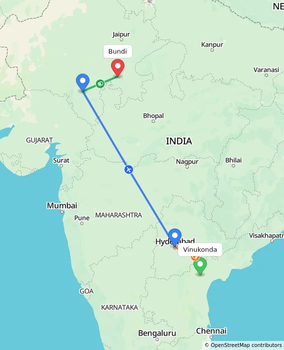 Route map showing distance and travel time from Vinukonda, India to Bundi, India