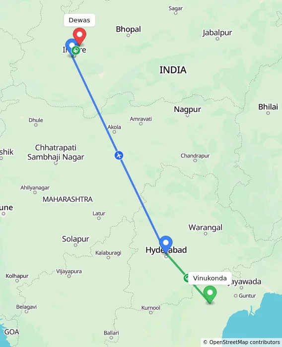 Route map showing distance and travel time from Vinukonda, India to Dewas, India