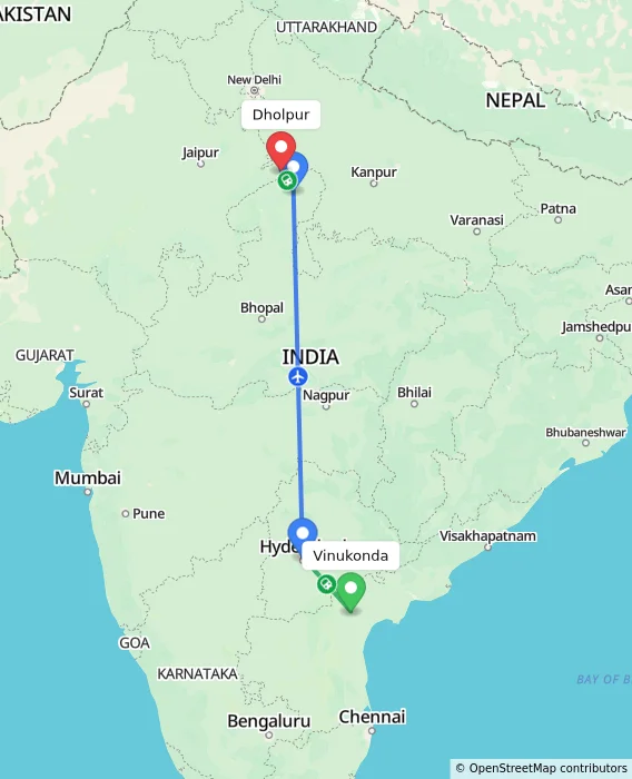 Route map showing distance and travel time from Vinukonda, India to Dholpur, India