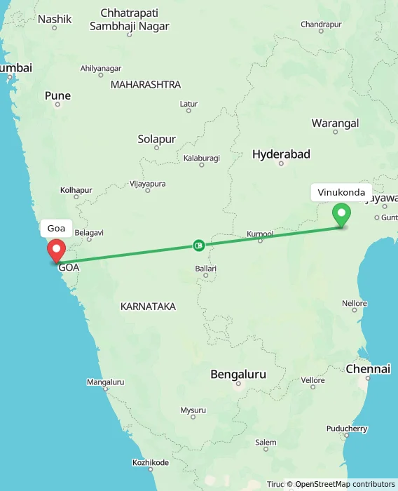 Route map showing distance and travel time from Vinukonda, India to Goa, India