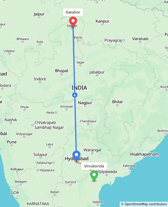 Route map showing distance and travel time from Vinukonda, India to Gwalior, India